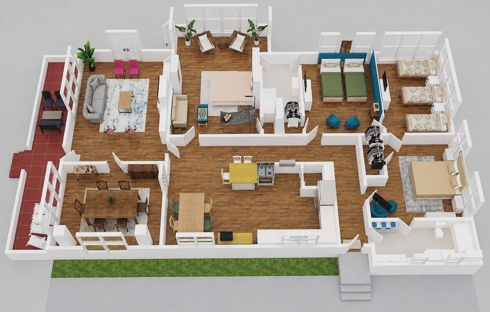 Home layout. Notice the bedroom with 3 twin beds does not have a private entry. 