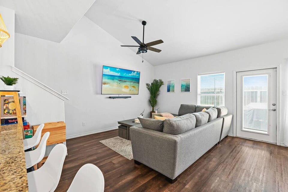 Living Area and Kitchen Island.