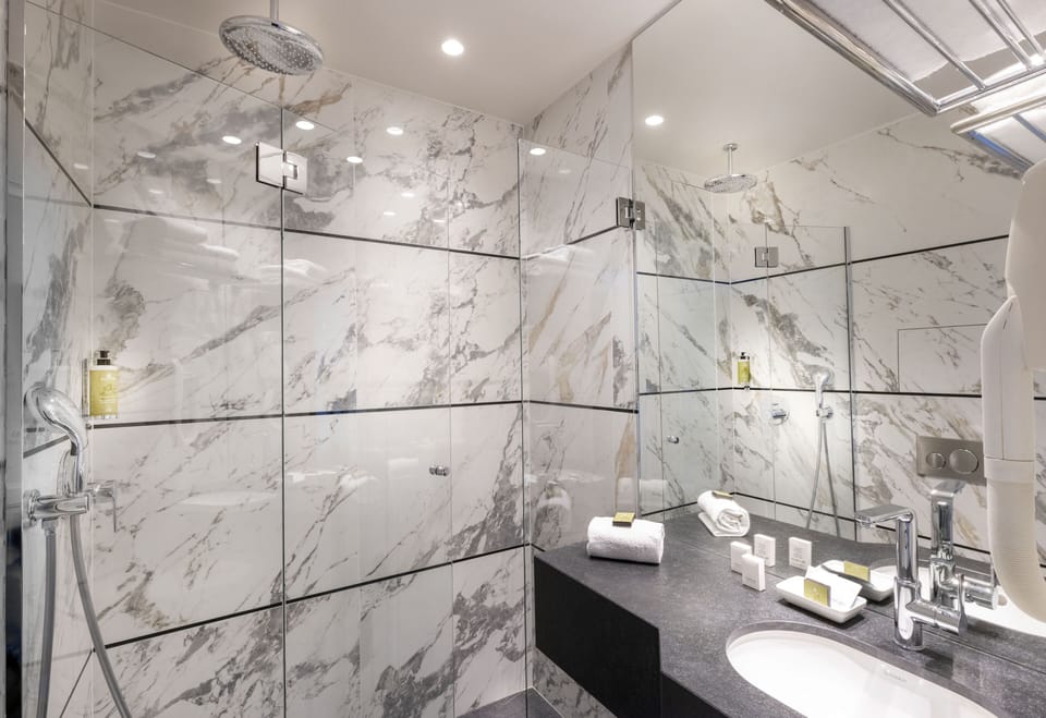 Shower, hair dryer, towels