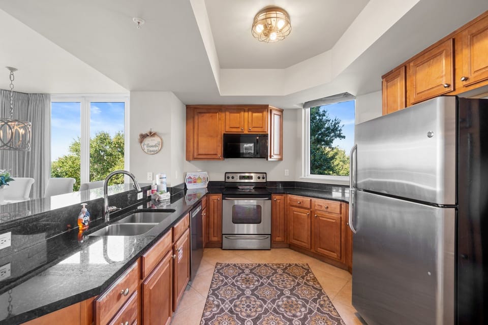 Microwave & Keurig w/pods or pot.  Handsoap and dishwash detergent provided.