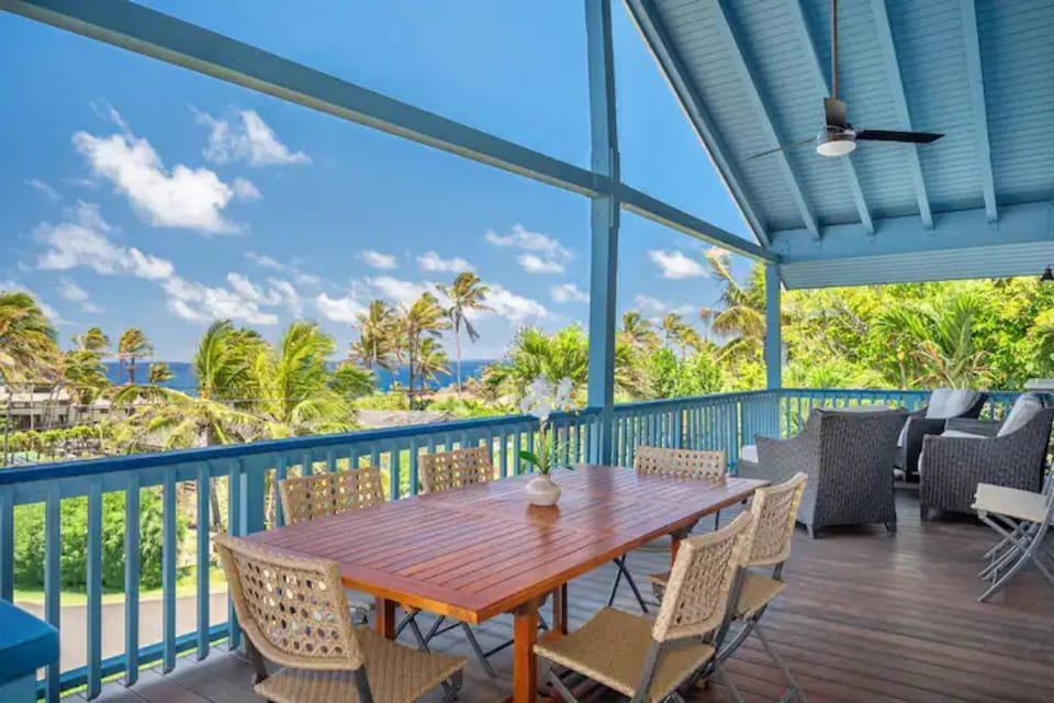Lanai upstairs. Enjoy sunrise and ocean views with coffee or cocktails.