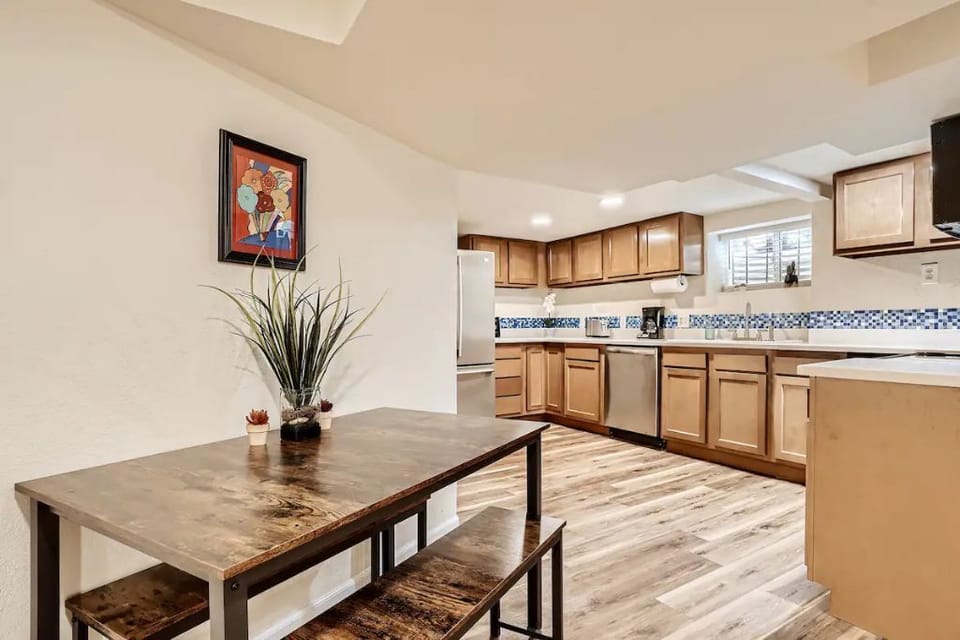 dining area and full, well-stocked kitchen