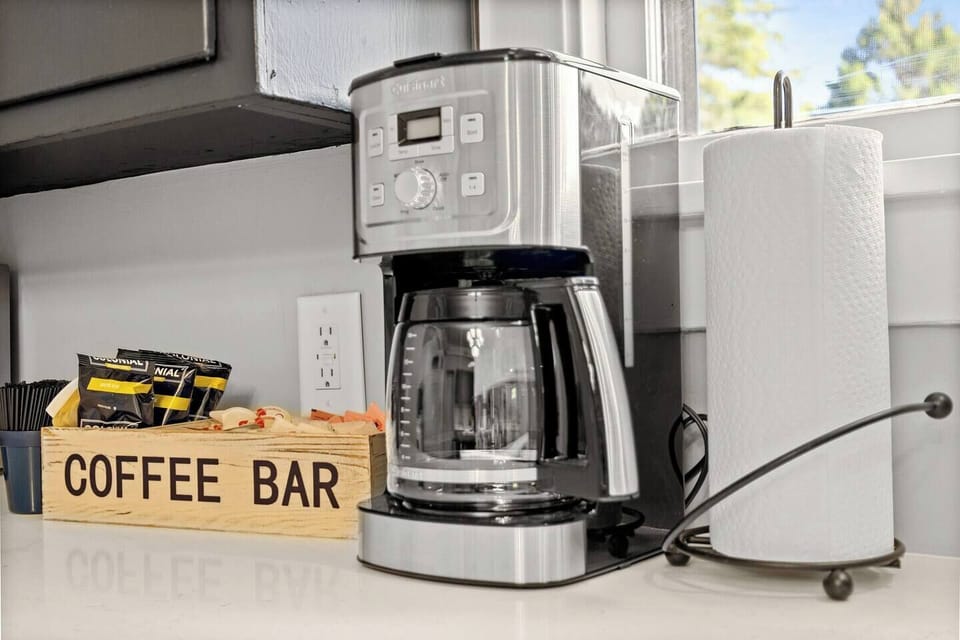 Coffee lovers rejoice -this giant coffee pot is your best friend.  Basic coffee, creamer, sugar and filters provided, but feel free to bring your favorite ground coffee from home or stop and pick up a local brew.