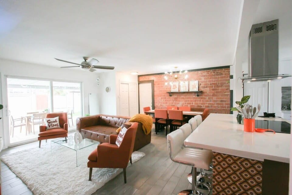 Open layout between kitchen, dining, and living space 