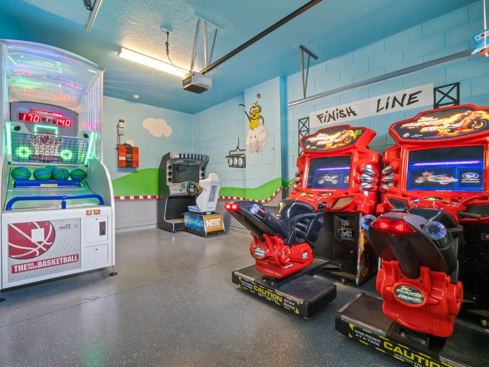 - Enjoy endless fun in the game room with arcade racing and basketball  
- Bright Disney inspired murals add excitement for kids and adults  
- Orlando vacation home with themed entertainment space