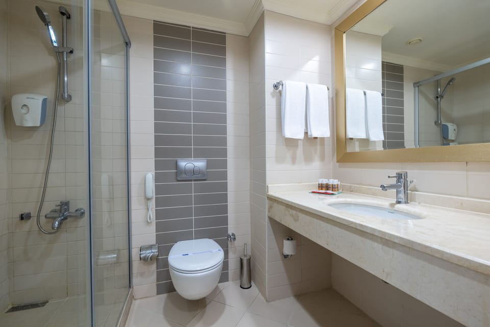 Shower, free toiletries, hair dryer, towels