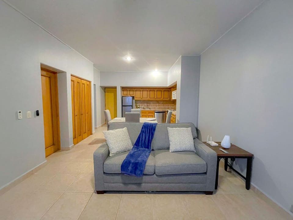 Living area, comfortable sofa bed.