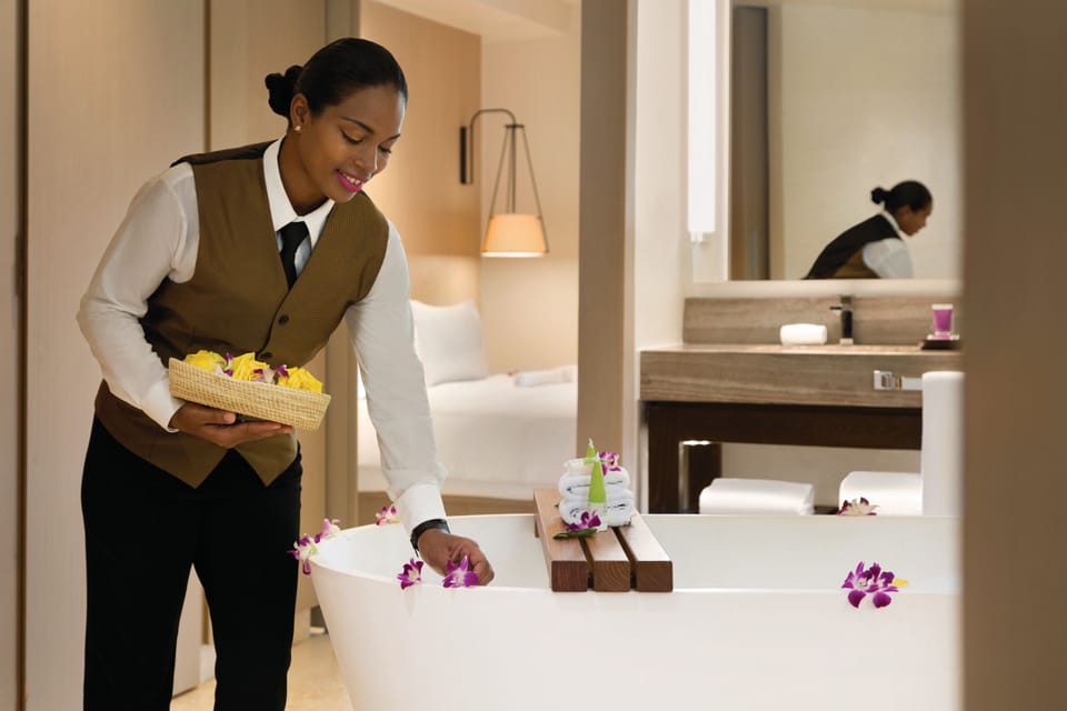 Ocean View Butler Junior Suite | Bathroom | Separate tub and shower, deep soaking tub, eco-friendly toiletries