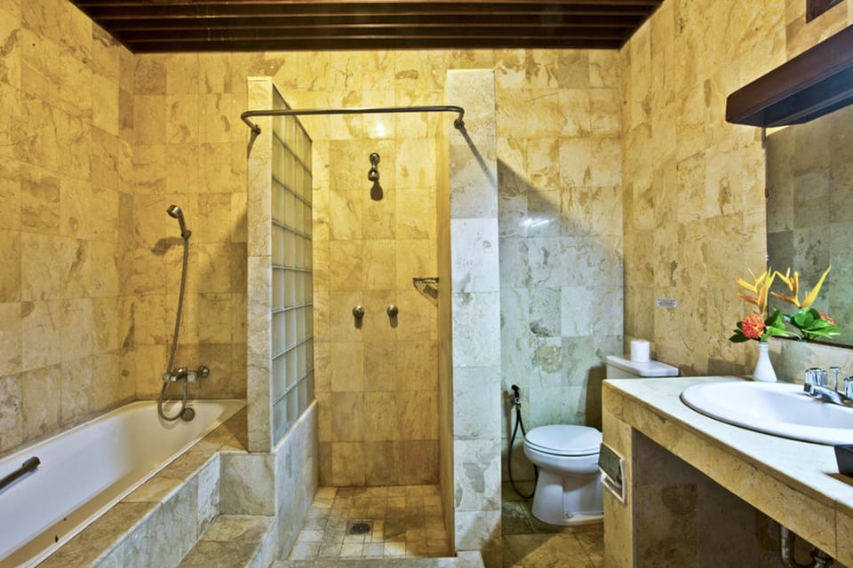Separate tub and shower, bathrobes, towels