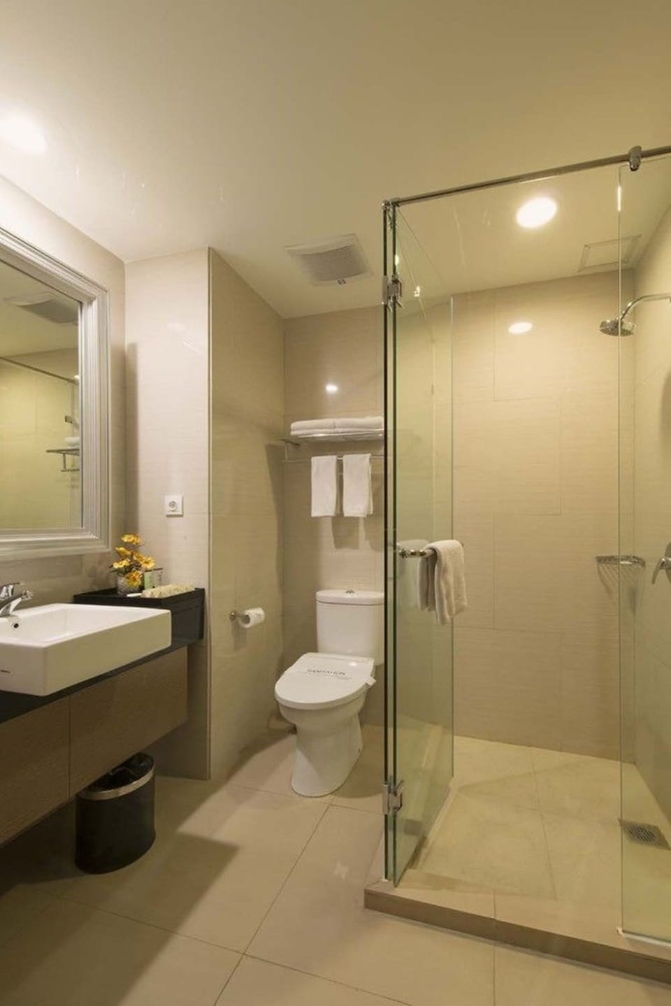 Shower, free toiletries, slippers, towels