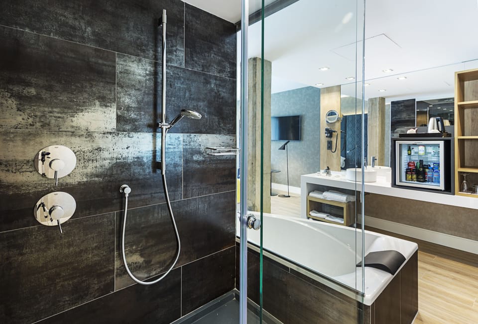 Eco-friendly toiletries, hair dryer, towels
