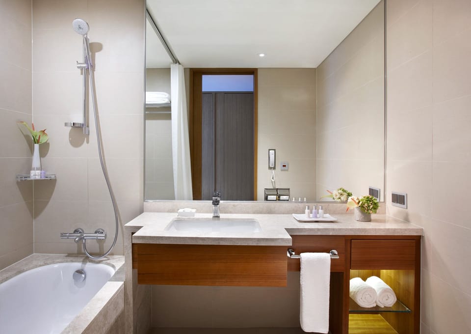 Hair dryer, bathrobes, towels, soap