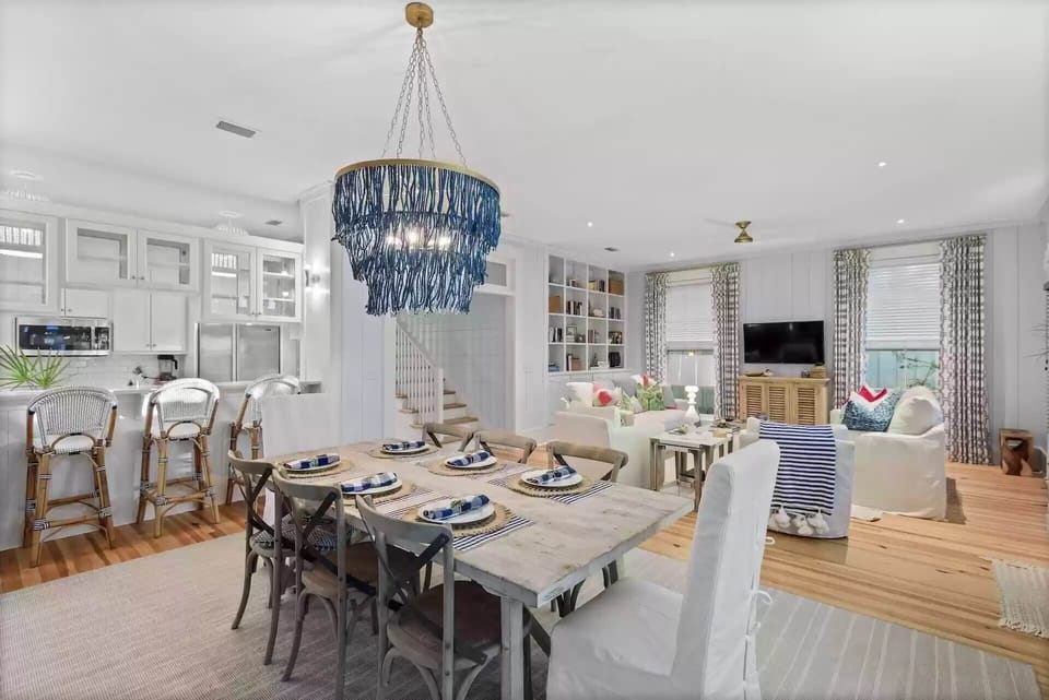 The dining area flows into the kitchen for easy service