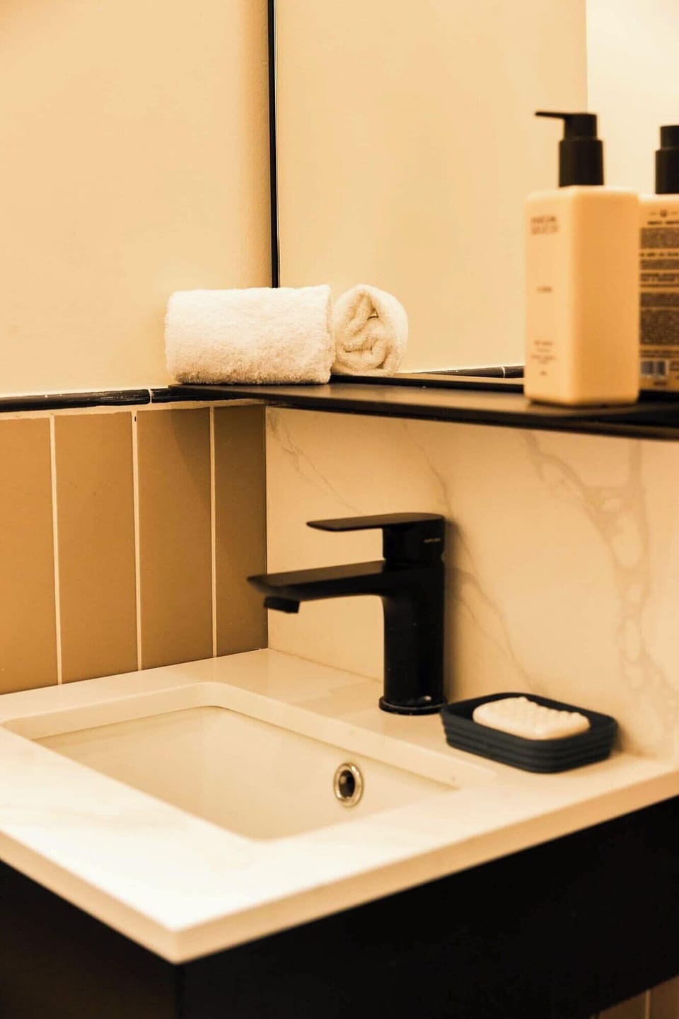 Shower, rainfall showerhead, designer toiletries, hair dryer