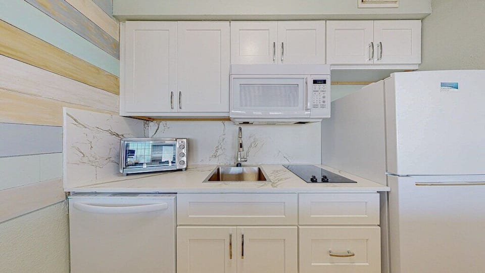 The kitchen with cooktop, countertop oven, microwave, fridge & dishwasher