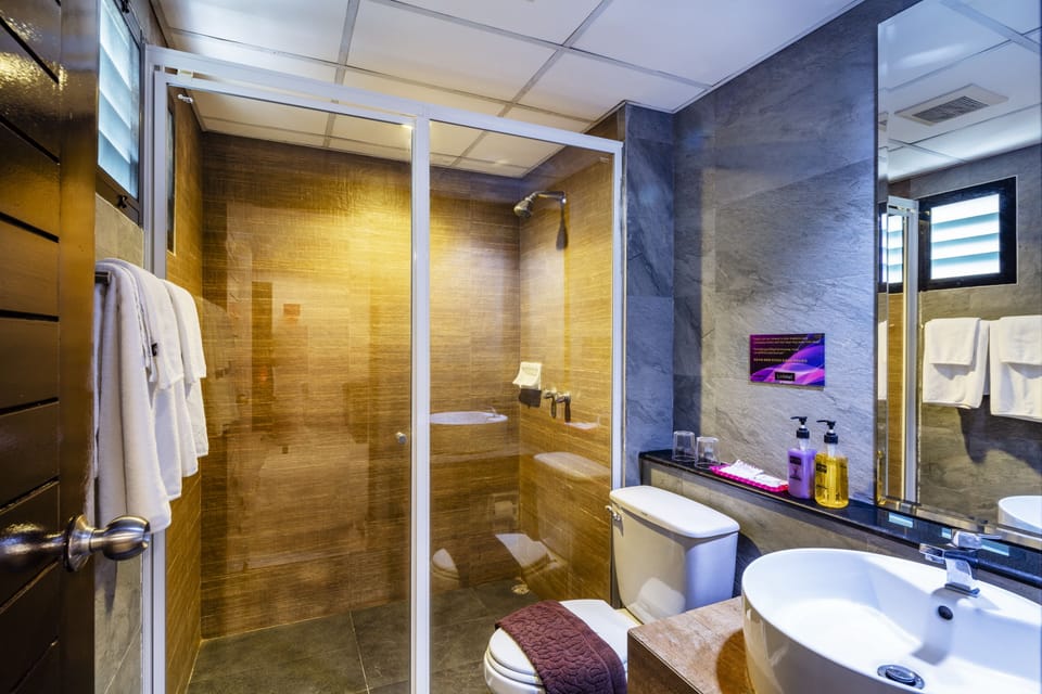 Shower, rainfall showerhead, free toiletries, hair dryer