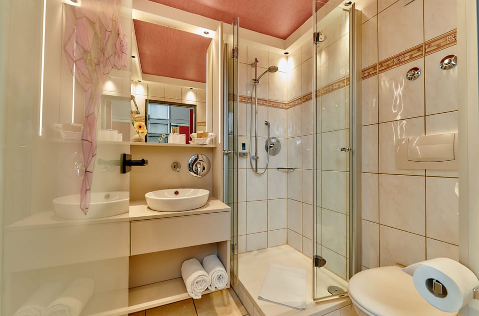 Shower, free toiletries, hair dryer, towels