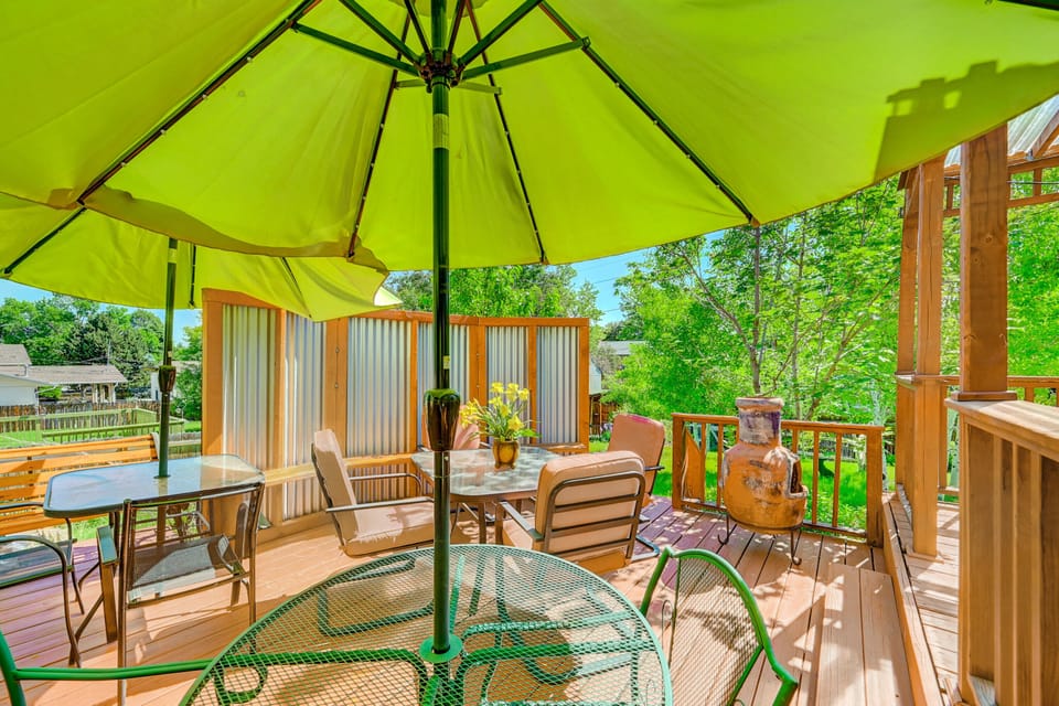 Lower level of deck with seating and chiminea
