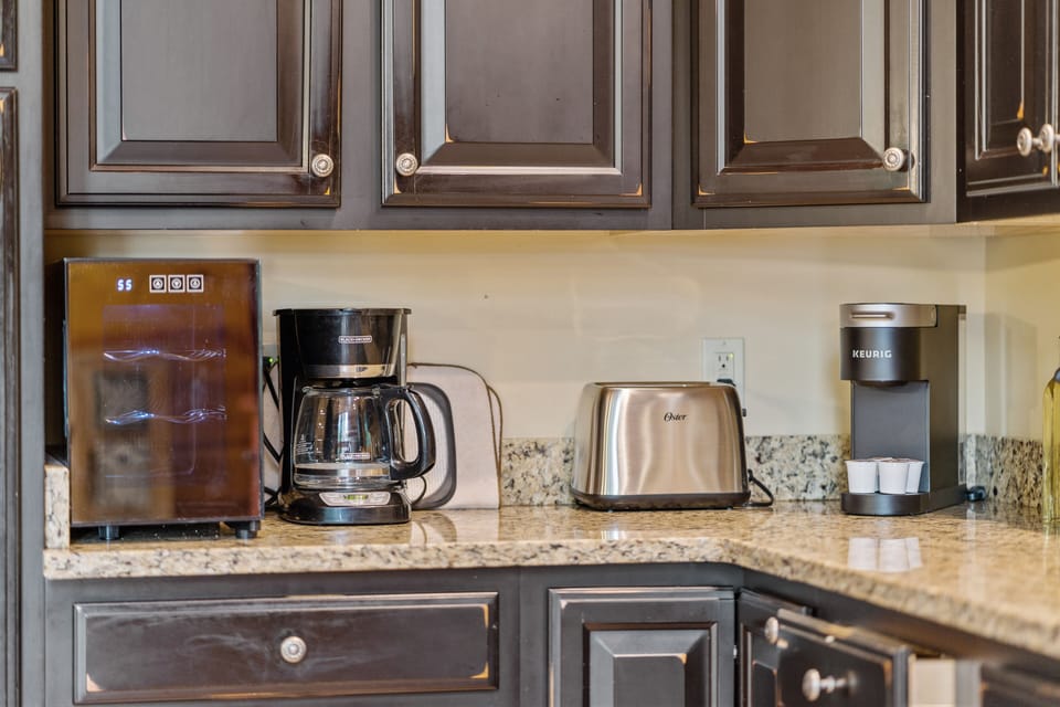 Kitchen with drip coffee maker and keurig coffee maker