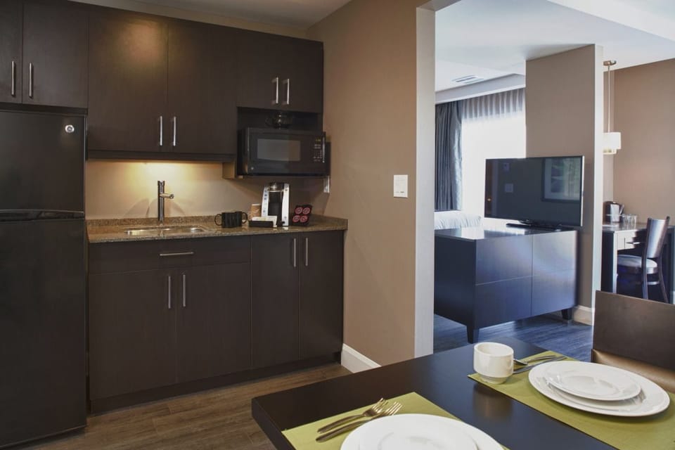 Mini-fridge, microwave, coffee/tea maker