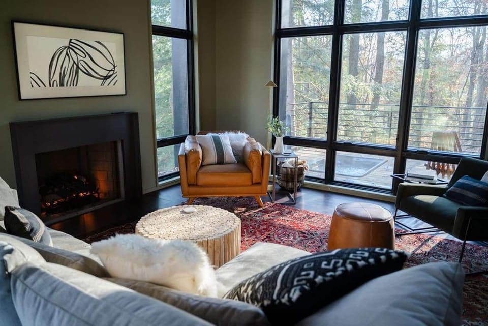 Great Room - fire place, Frame TV and views of sunken hot tub on deck