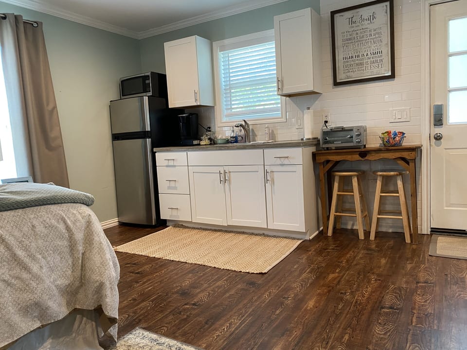 The kitchenette is stocked with basic essentials and treats.