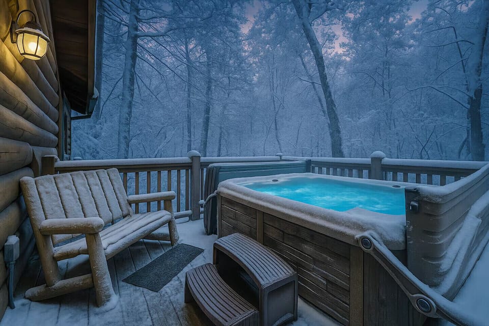 Private hot tub on snowy deck, perfect for cozy mountain nights