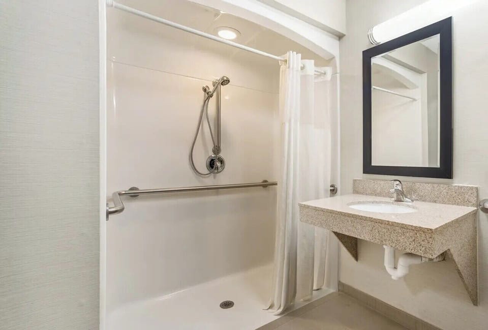 Room, 1 King Bed, Accessible, Non Smoking (Roll-In Shower) | Bathroom | Free toiletries, hair dryer, towels