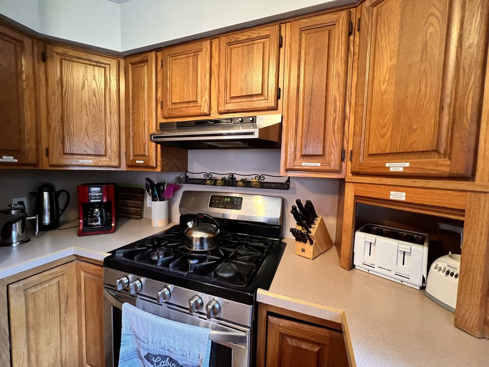 Gas stove, toaster, blender, drip coffee, percolator, and French press