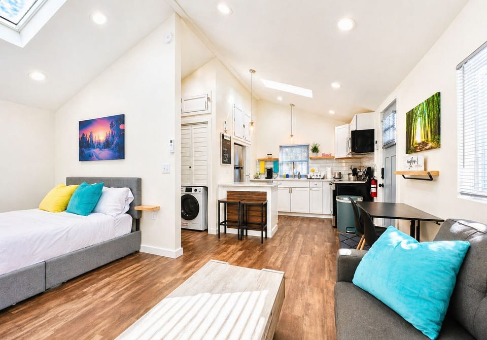 Bright open cabin with skylights and cozy seating to relax and recharge
