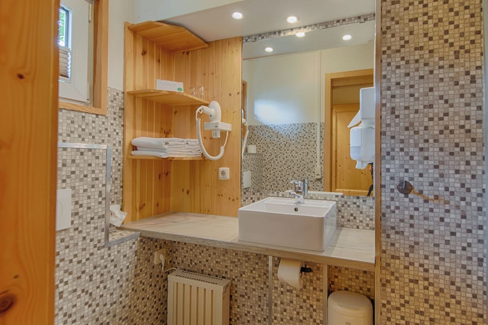 Shower, free toiletries, hair dryer, towels