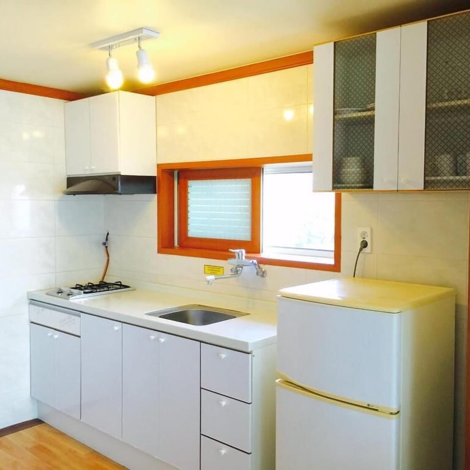 Fridge, stovetop, electric kettle, cookware/dishes/utensils