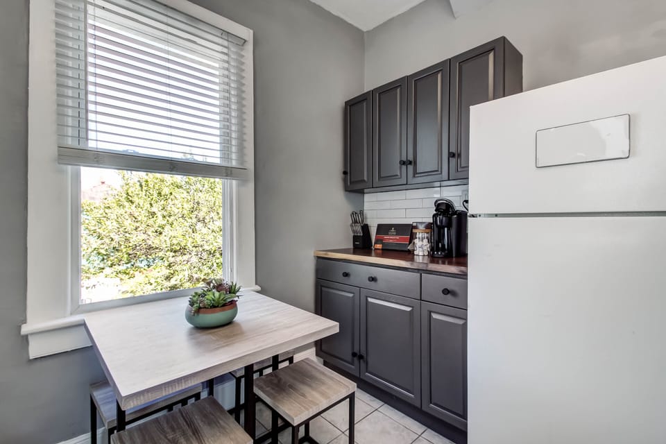 The full kitchen is appointed with the basic essentials for making a light meal.