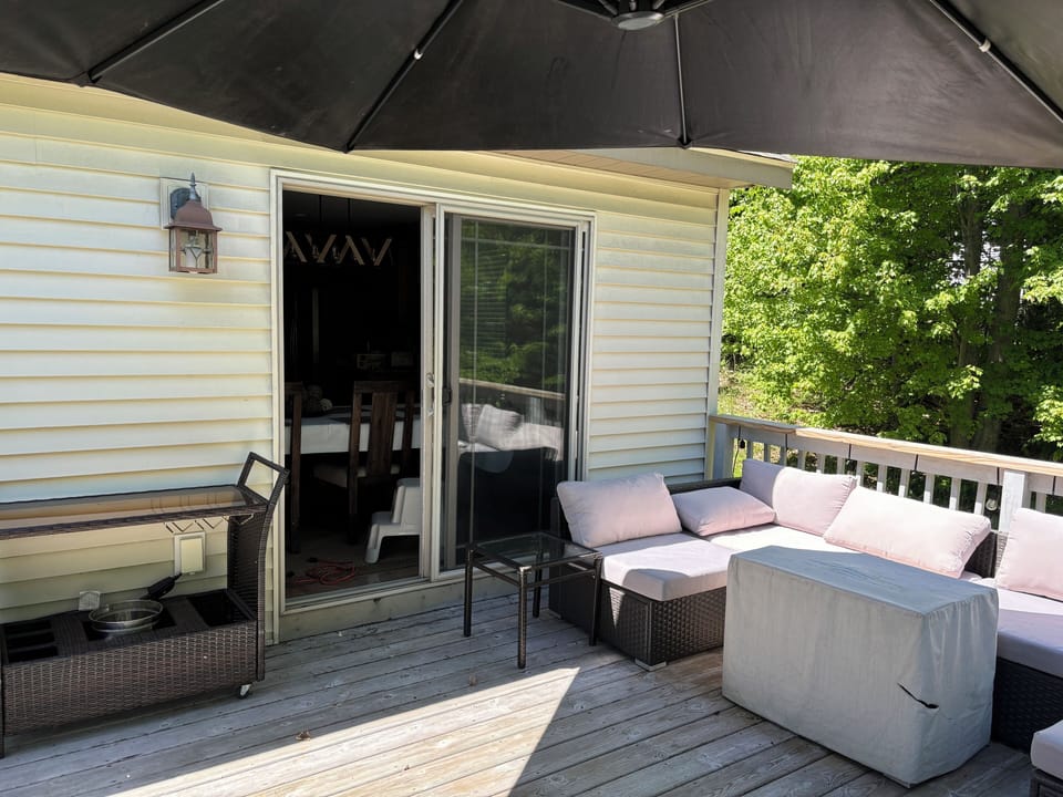 Couch, gas firepit, umbrella, drinks rolling cart. Have you still not booked? )