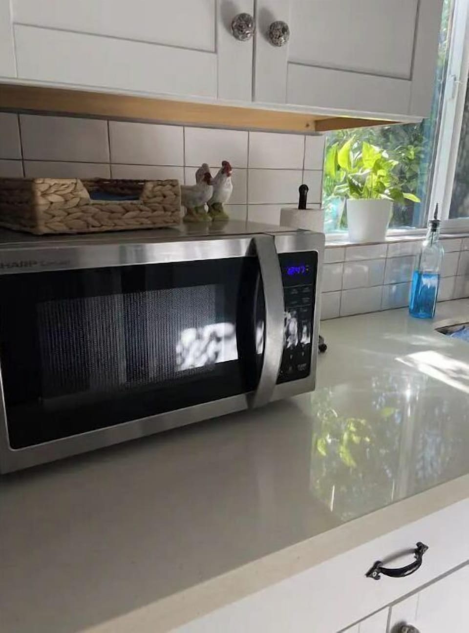 Kitchenette has a microwave, fridge, toaster oven, hot plates, juicer, blender.