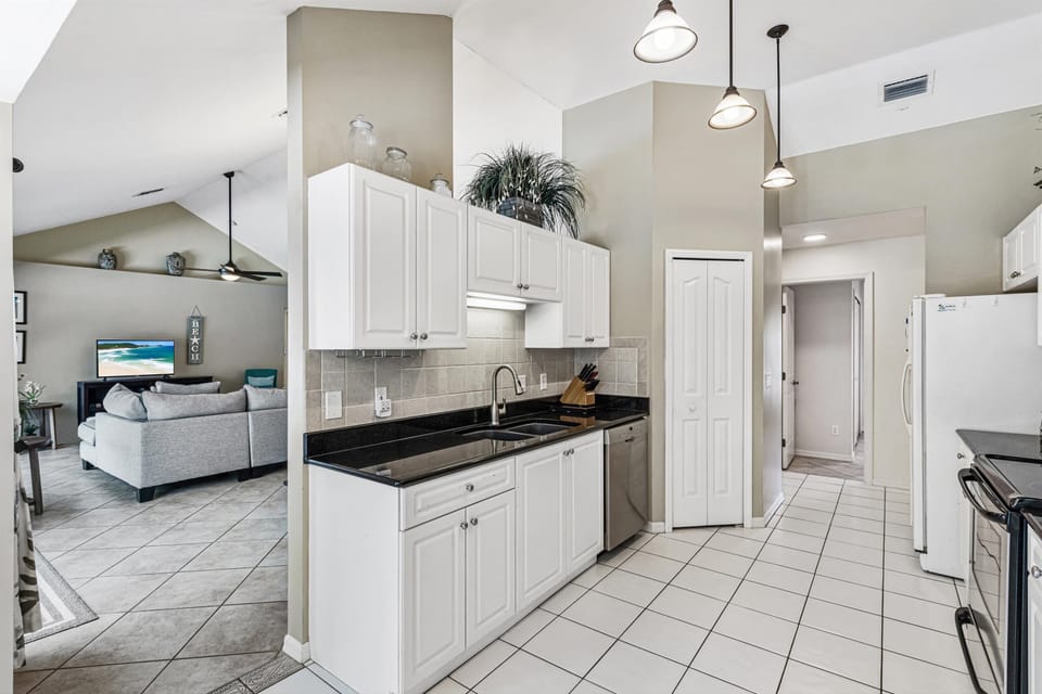 The kitchen is right off of the living area