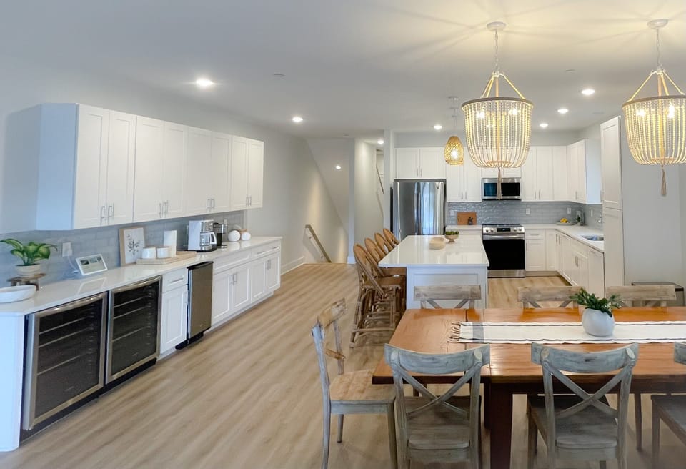 Dry bar + kitchen + dining area 