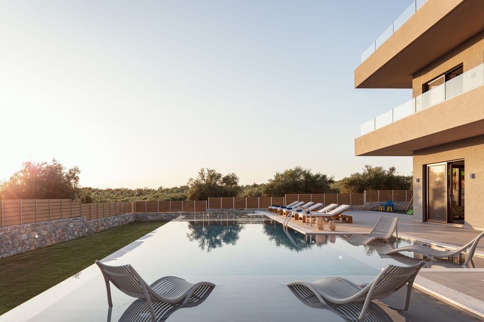 Night falls on the outdoor pool