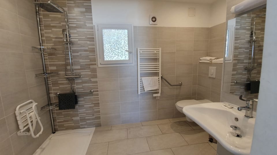 Shower, free toiletries, hair dryer, towels