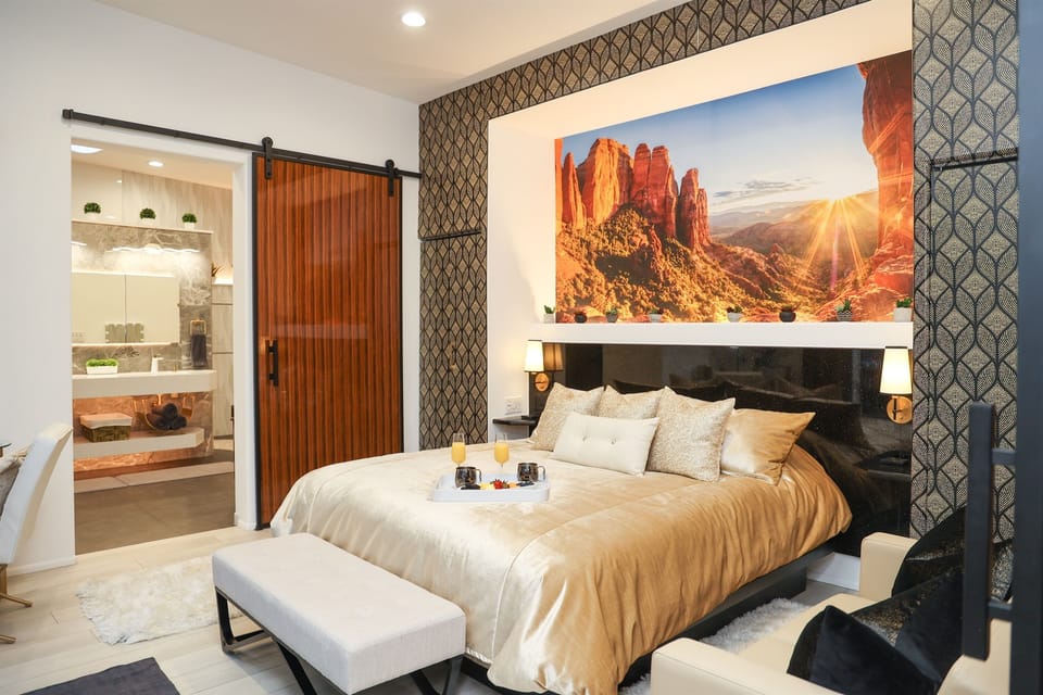 Large king bed with custom modern granite headboard