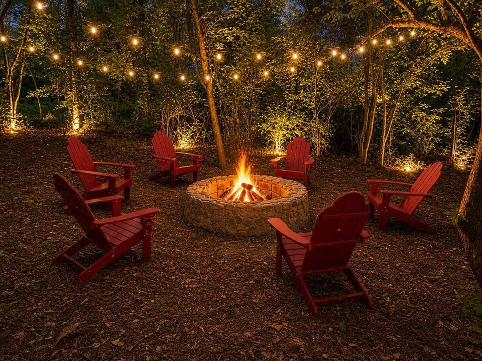 NEW for Fall 2026: stone fireplace with Adirondack chairs foster a sense of relaxation at the end of the day. 