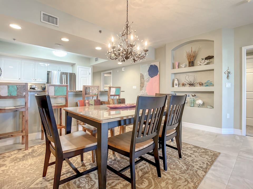 The dining room table accommodates six.