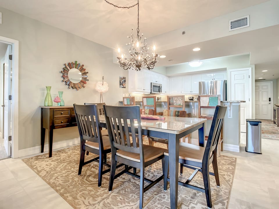 The dining room table accommodates six.