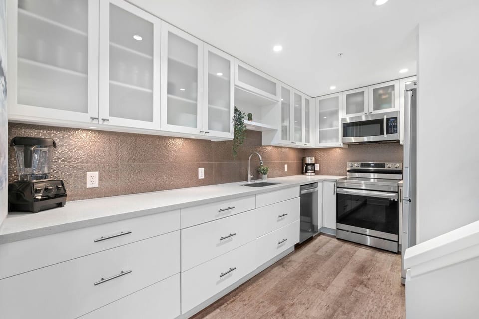 Cook like home with stainless steel appliances and ample counter space.