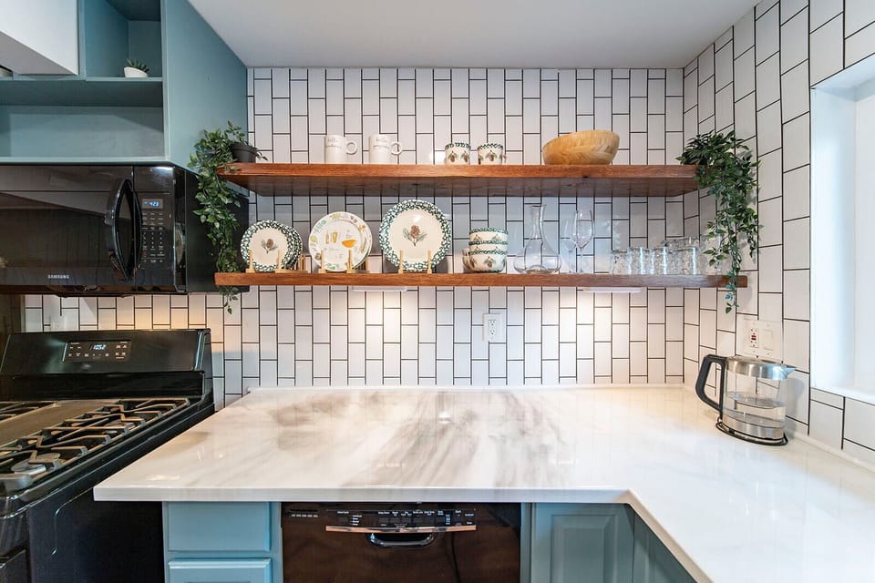 Floating shelves with underlit motion sensor light. 