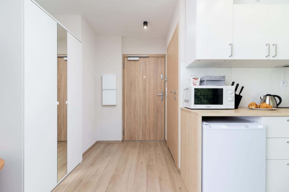 The sleek design of the kitchenette blending seamlessly with the living area.