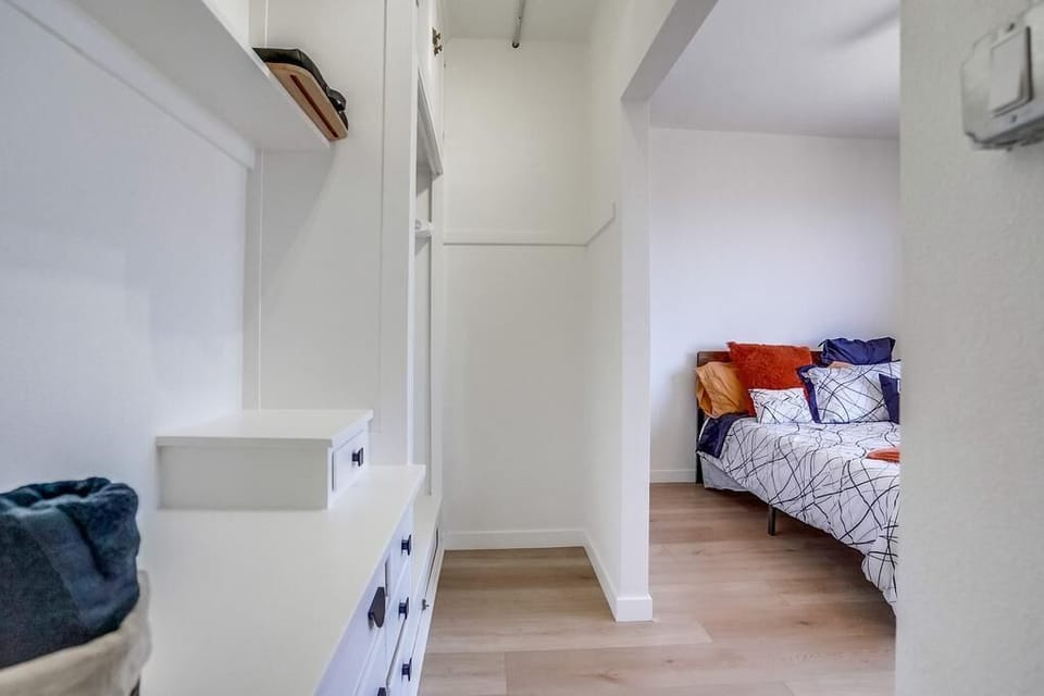 Drawers and hangers for clothing.