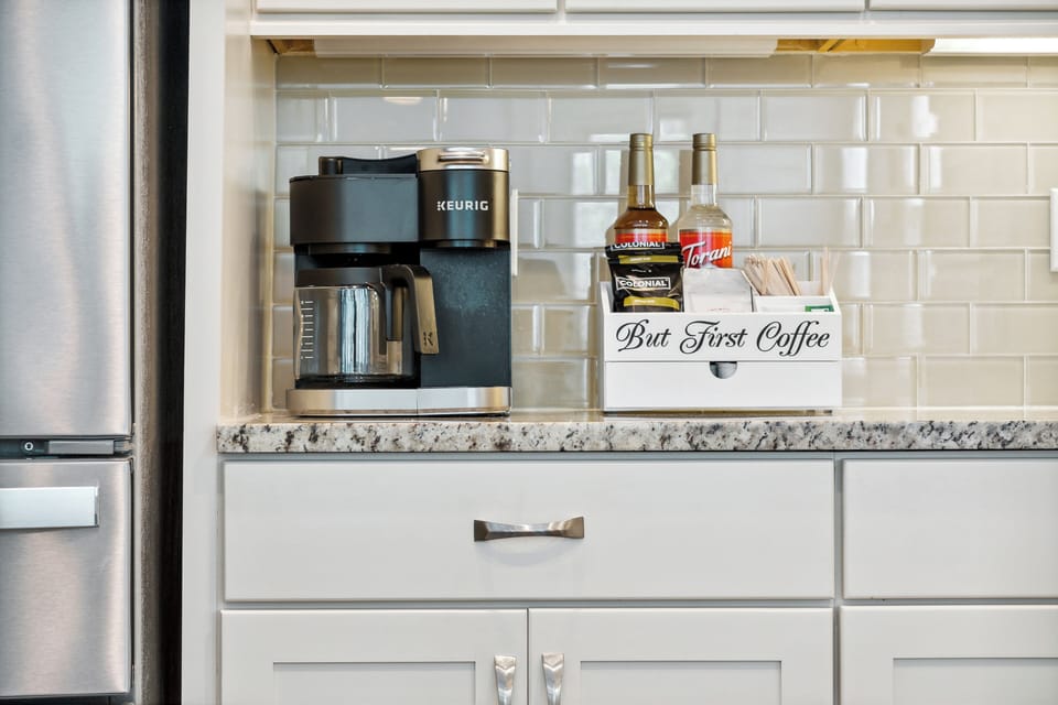 Coffee station! Both drip and K-cup. We provide starter supplies