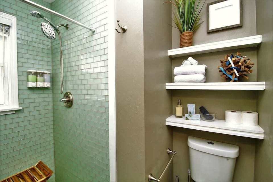 Spa-like bathroom with amenities.