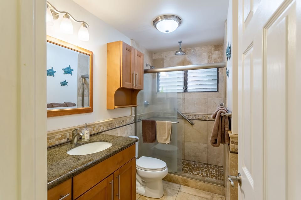 Large walk in shower in bathroom